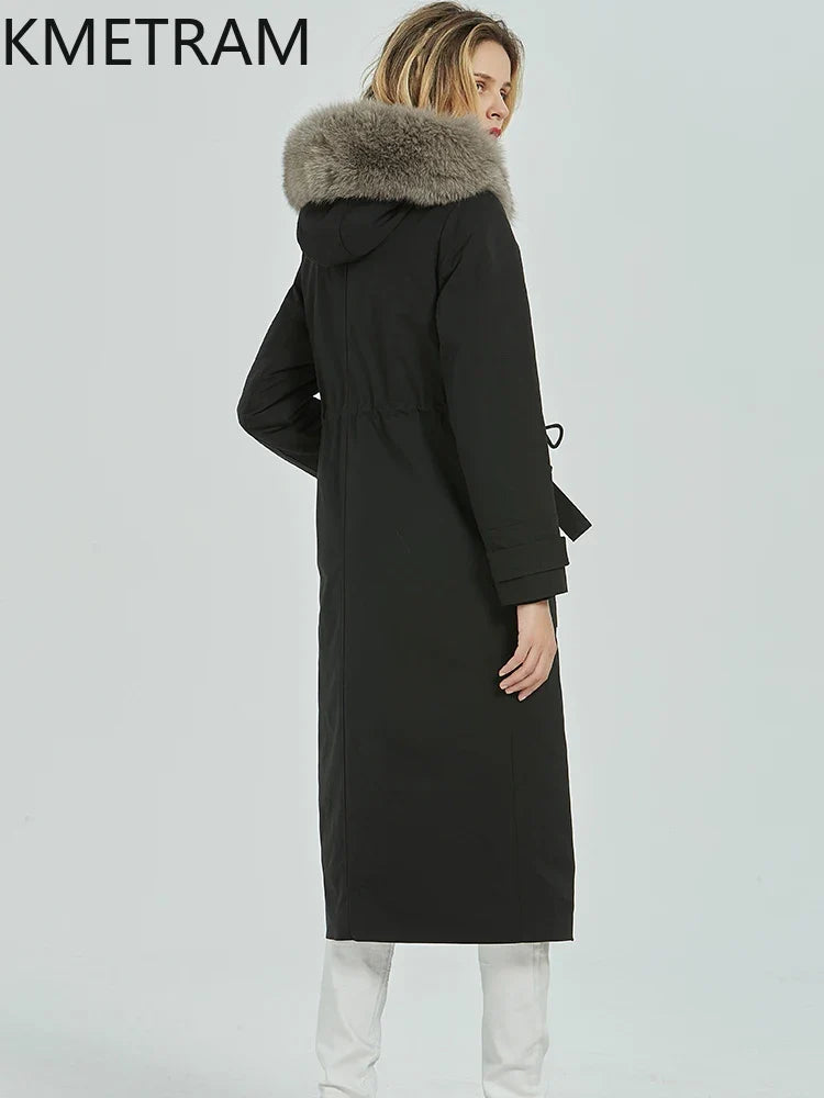 Damen Winterparka lang Schwarz mit Kapuze und Kunstfellbesatz