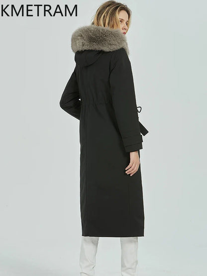 Damen Winterparka lang Schwarz mit Kapuze und Kunstfellbesatz