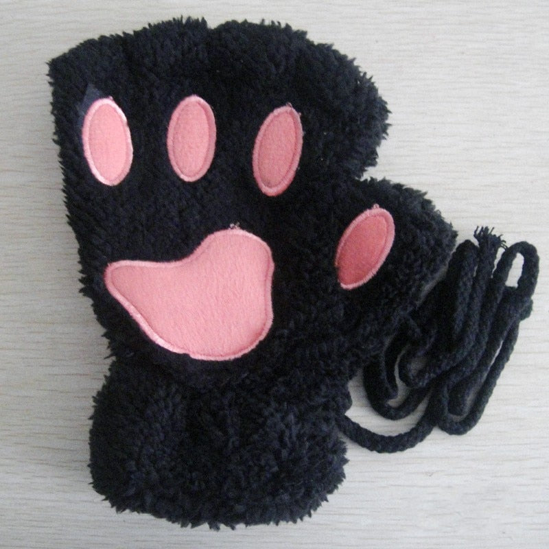 Fingerlose Plüschhandschuhe mit Pfotenmotiv und Kordel Rosa