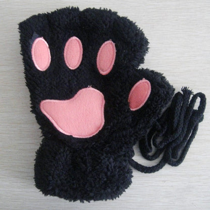 Fingerlose Plüschhandschuhe mit Pfotenmotiv und Kordel Rosa