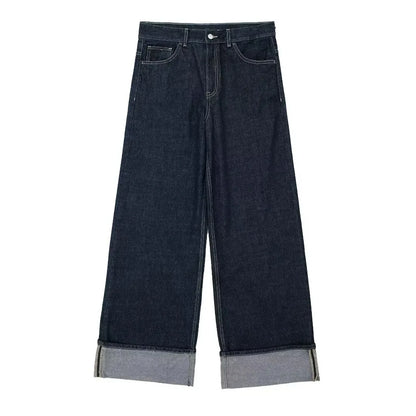 Damen Jeans Wide Leg Dunkelblau mit Krempelbund High Waist