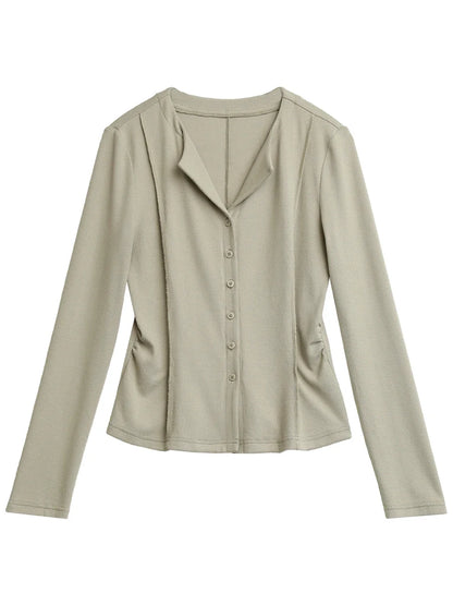 Damen Langarmshirt mit V-Ausschnitt und Knopfleiste, figurbetonter Schnitt