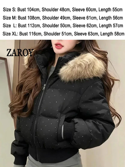Damen Steppjacke mit Kapuze und Druckknöpfen, Winterjacke gefüttert