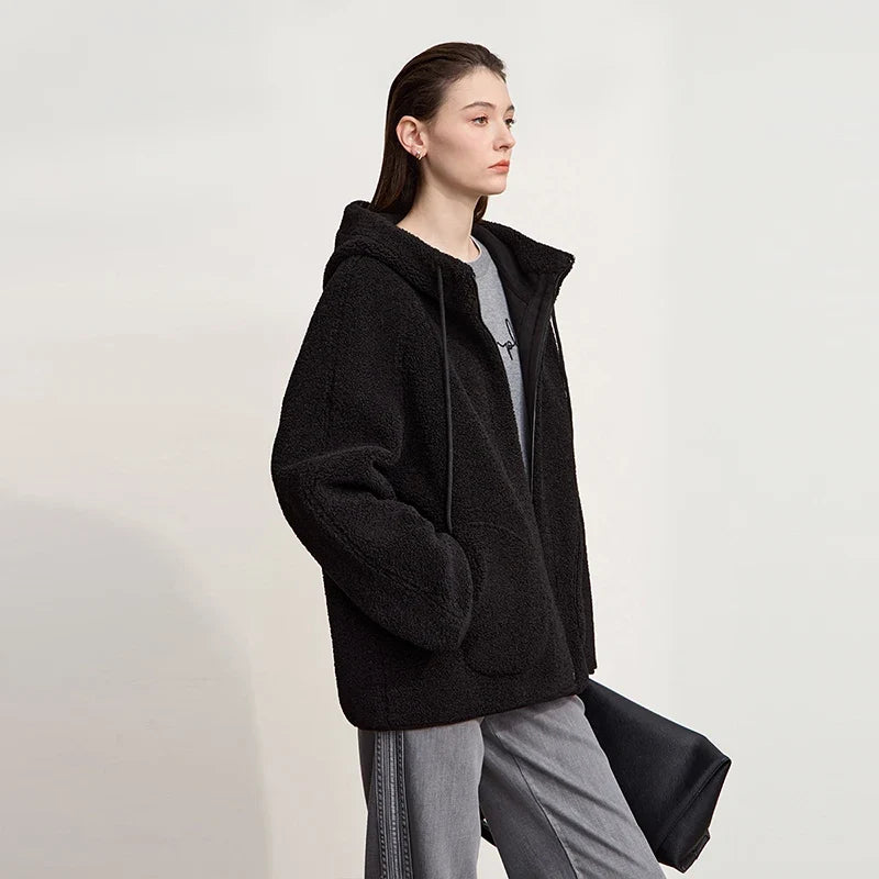 Damen Kapuzenjacke Kurz mit Reißverschluss Teddyfleece Futter