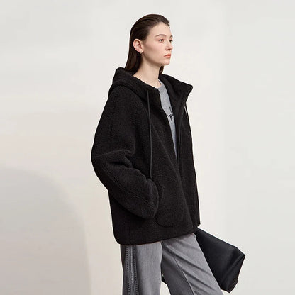 Damen Kapuzenjacke Kurz mit Reißverschluss Teddyfleece Futter