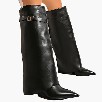 Damen Slouchy Stiefel mit spitzer Zehenpartie und flachem Absatz – Modische Overknee-Stiefel für Herbst und Winter