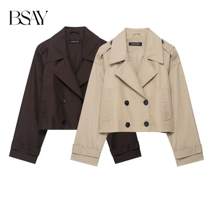 Kurze Damen Übergangsjacke mit Doppelreiher-Knöpfen in Beige/Braun