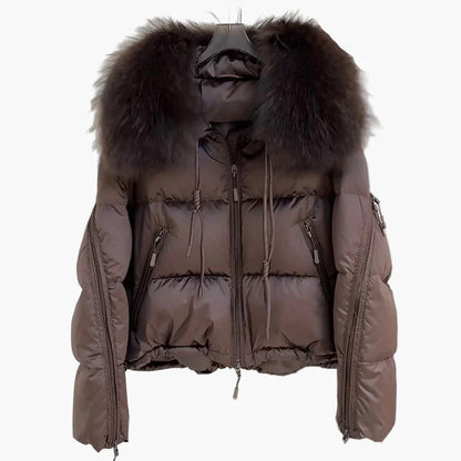 Damen Winter Daunenjacke mit Kapuze und Fellkragen – Modische warme Outdoorjacke