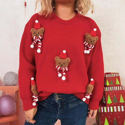 Damen Weihnachtspullover Strick Teddybär Applikationen Rundhals Rot
