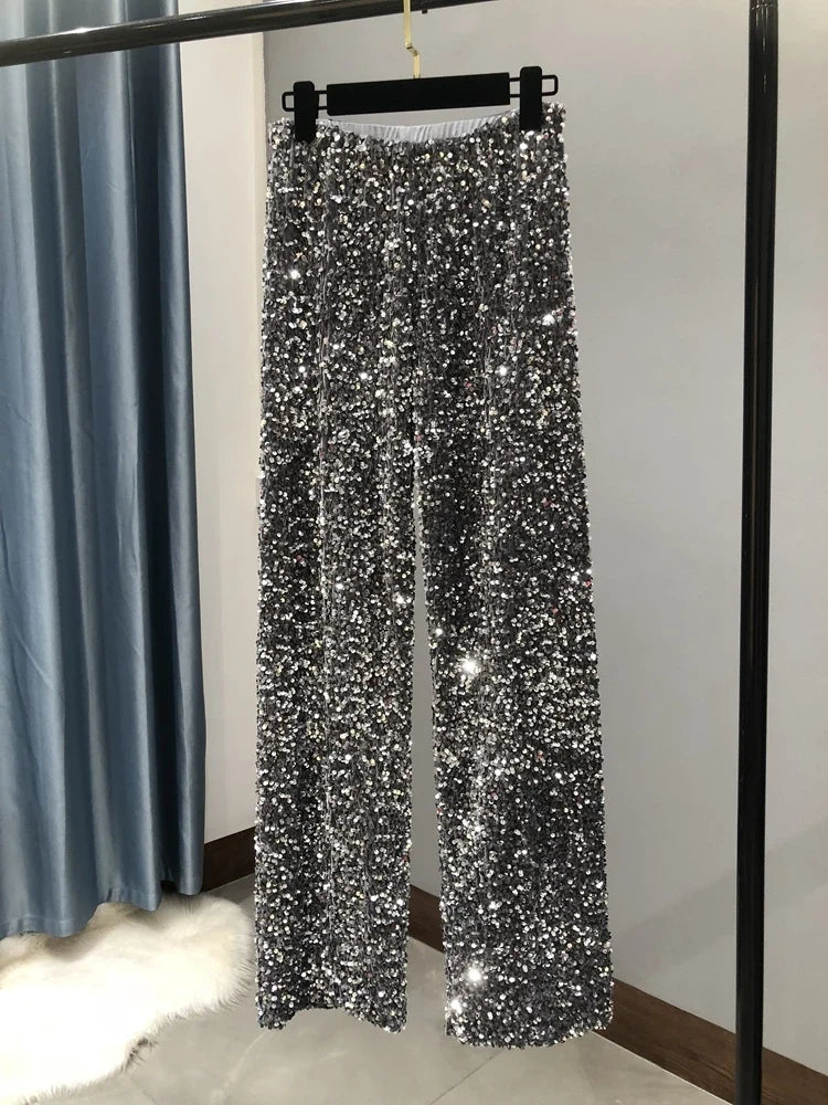 Damen Pailletten Hose Weites Bein – Glitzernde Freizeithose mit Elastischem Bund