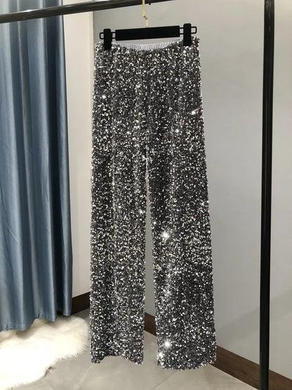 Damen Pailletten Hose Weites Bein – Glitzernde Freizeithose mit Elastischem Bund