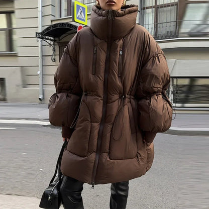 Damen Steppjacke Braun Oversize Hochkragen Kordelzug