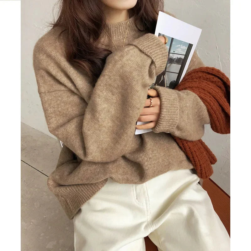 Damen Oversize Retro Strickpullover – Lässiger Herbst Winter Basic Sweater für Alltag & Freizeit