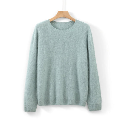 Damen Pullover flauschig weich Rundhalsausschnitt Langarm Strickpullover