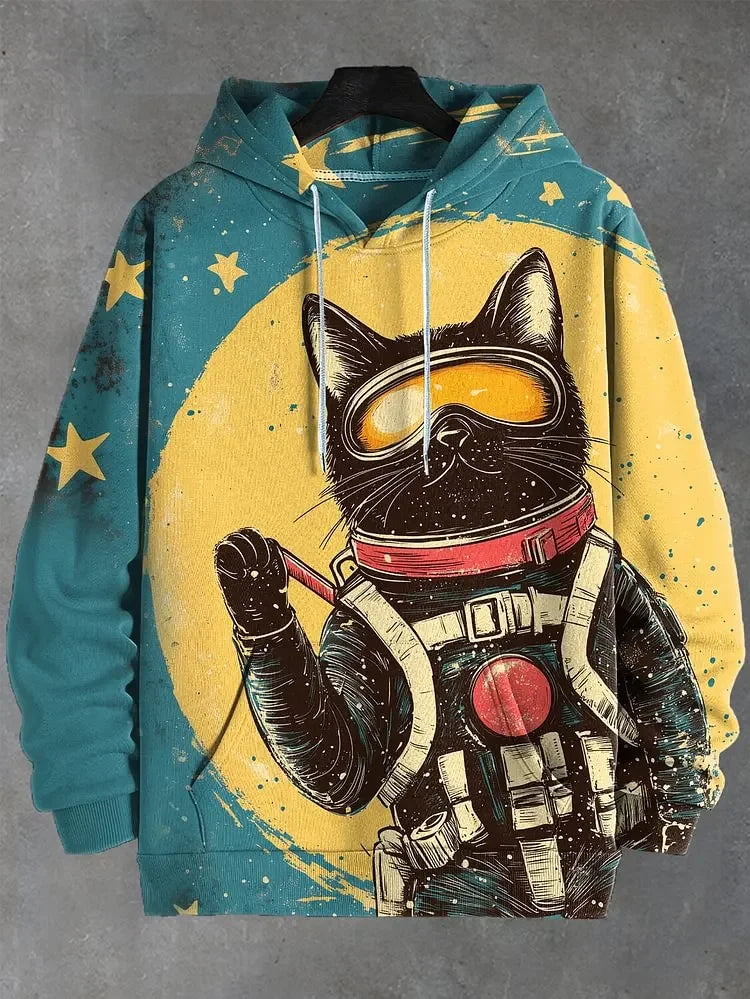 Hoodie mit Katzen-Print Kampfkunst-Motiv Beige Unisex Kapuzenpullover Kängurutasche