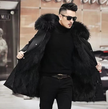 Herren Winterparka Schwarz mit Kapuze und luxuriösem Futter im Pelz-Look