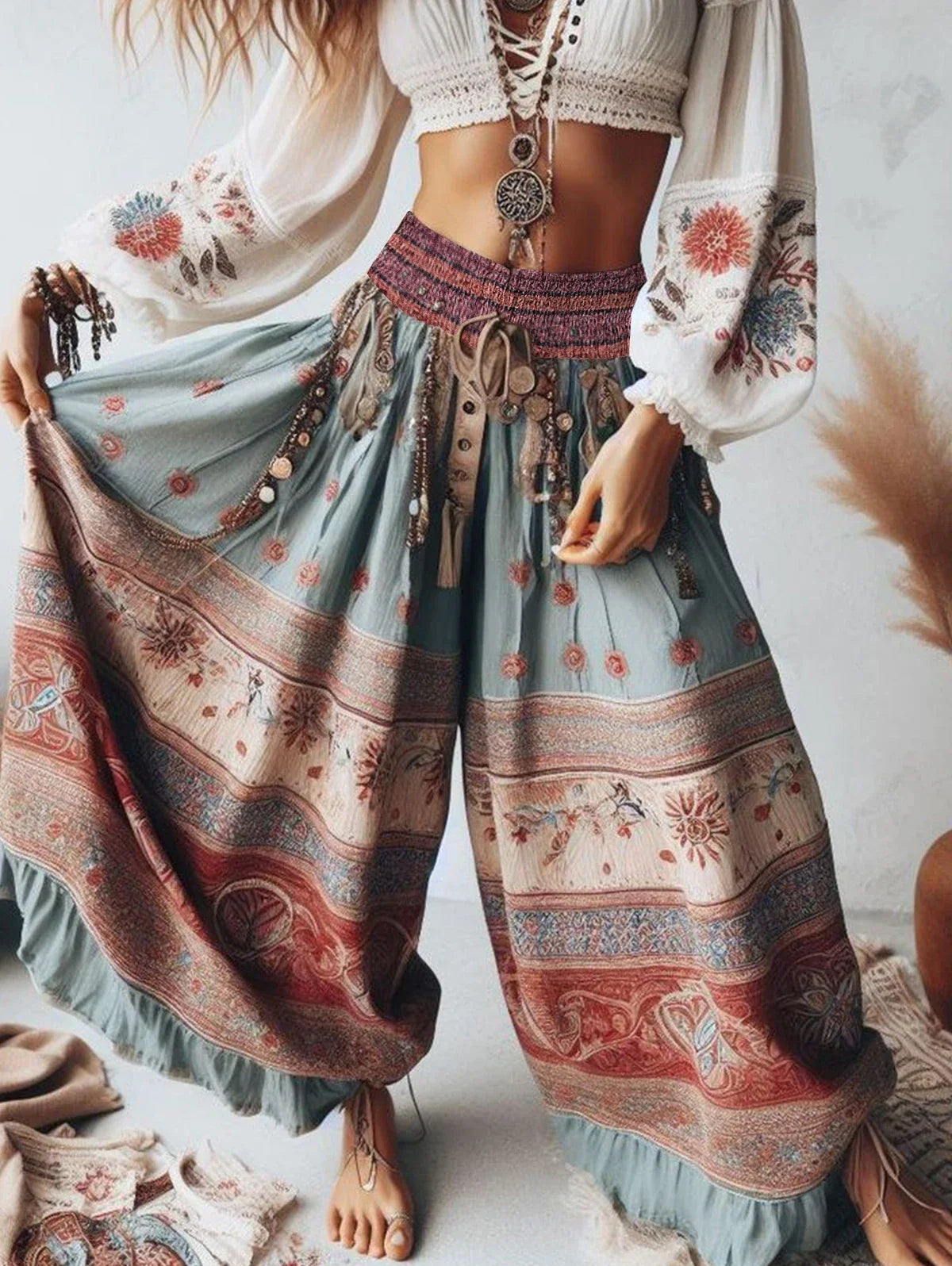 Damen Hippie Hose Boho Stil Weites Bein mit Paisley & Blumenmuster Türkis Rot