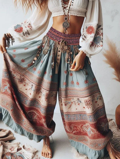 Damen Hippie Hose Boho Stil Weites Bein mit Paisley & Blumenmuster Türkis Rot