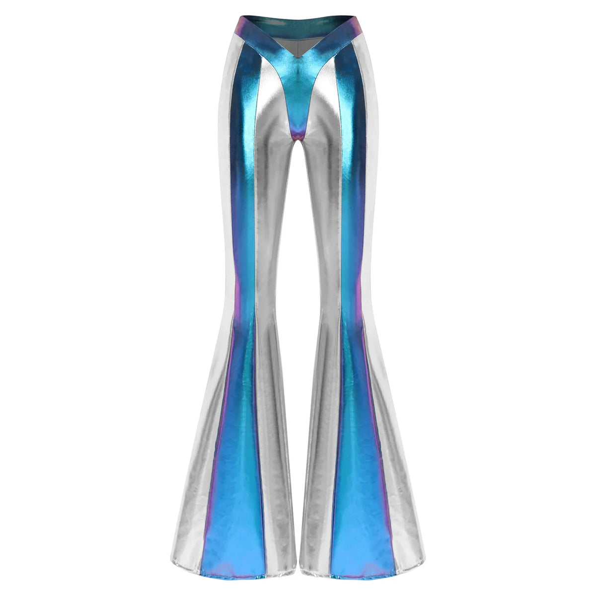 Damen Metallic Schlaghose Silber Glänzend Hohe Taille