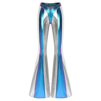Damen Metallic Schlaghose Silber Glänzend Hohe Taille