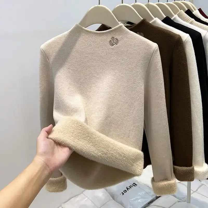 Damen Stehkragen Pullover Plüschfutter Langarm Sweatshirt Fleece Warm