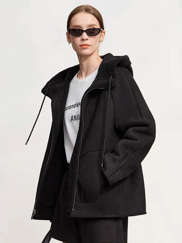 Damen Kapuzenjacke Kurz mit Reißverschluss Teddyfleece Futter