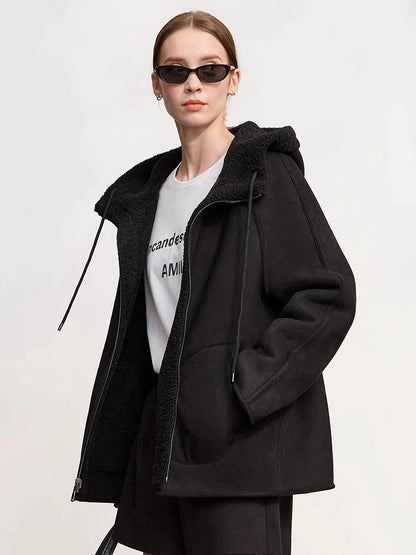 Damen Kapuzenjacke Kurz mit Reißverschluss Teddyfleece Futter