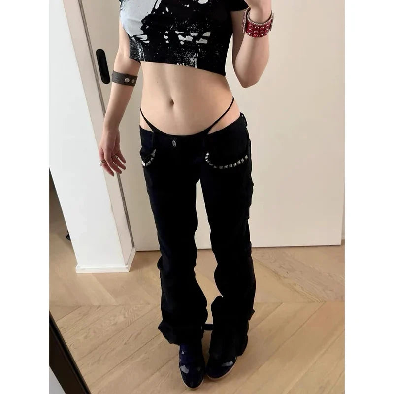 Damen Schlaghose Schwarz mit Nieten Niedriger Bund Weites Bein