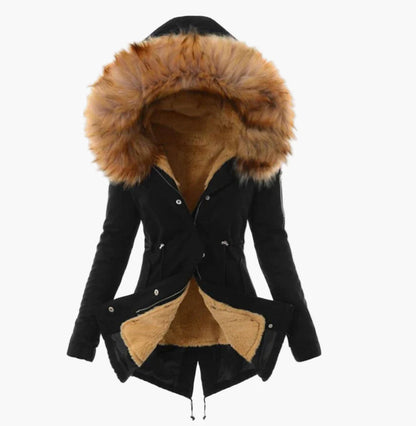 Damen Wintermantel mit Kapuze und Kunstfell-Futter – Eleganter, warmer Parka für kalte Tage
