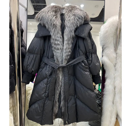 Damen Daunenmantel lang mit Kunstpelzkragen und Gürtel Steppjacke