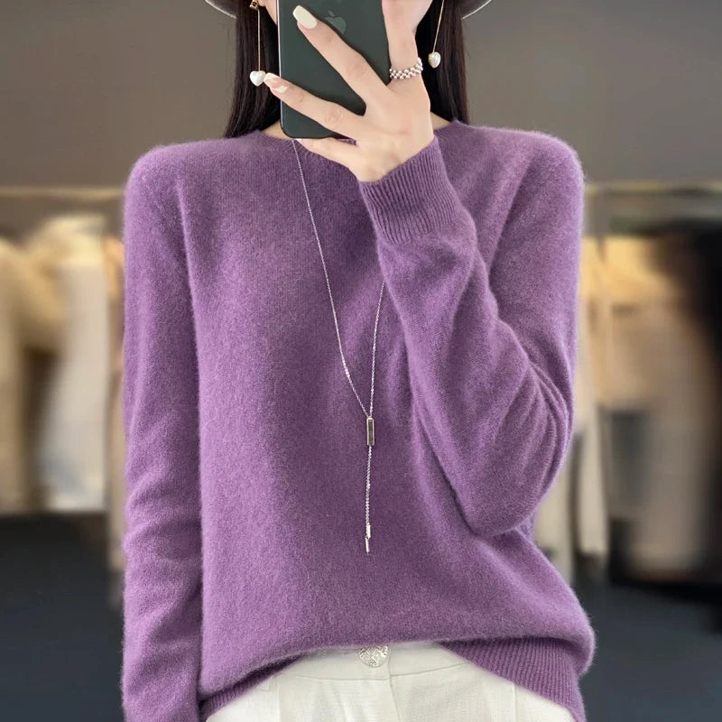 Damen Pullover Rundhals Langarm Strickpullover Weich Unifarben