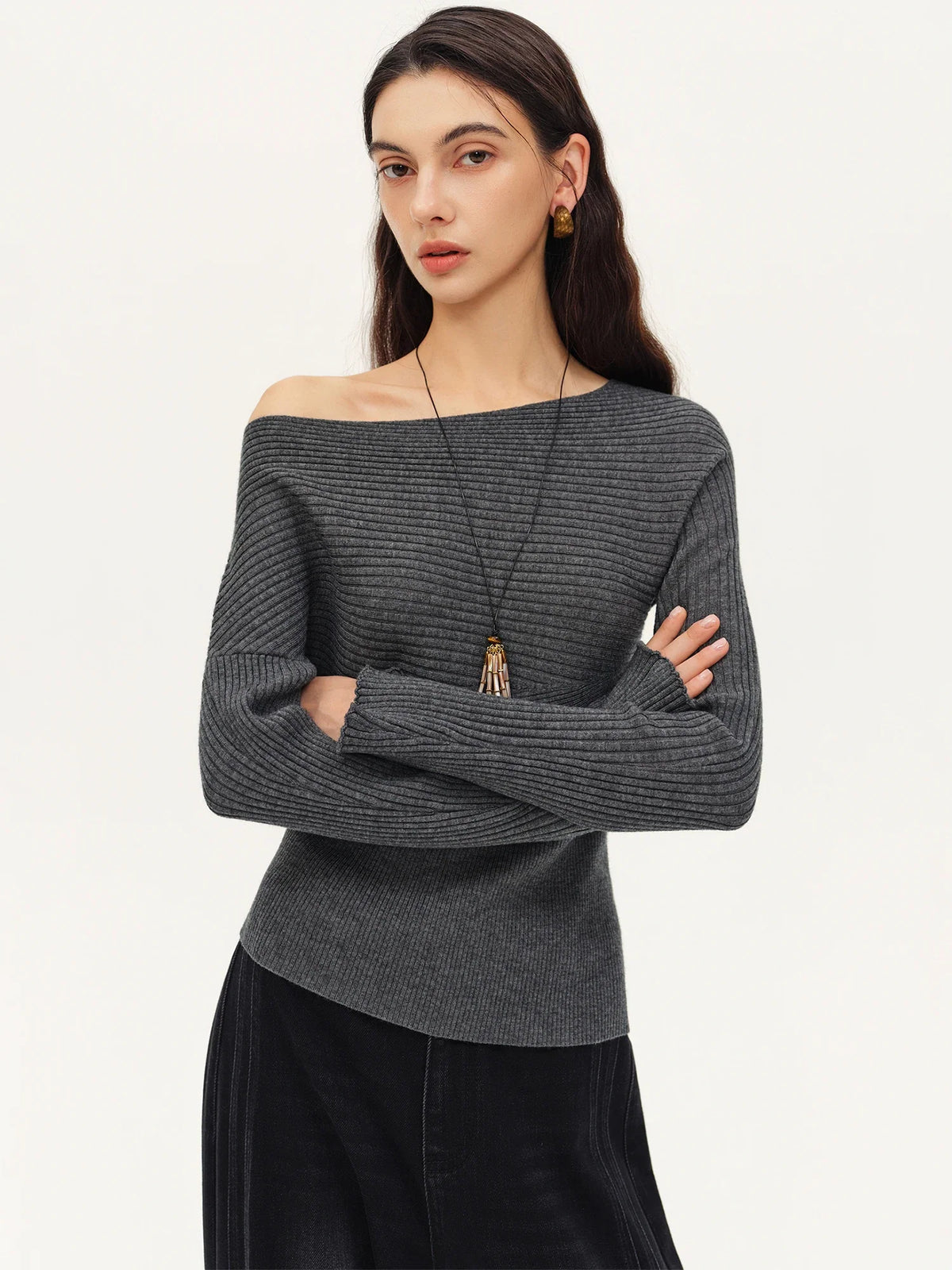 Damen Rippstrick Pullover U-Boot-Ausschnitt Langarm Beige