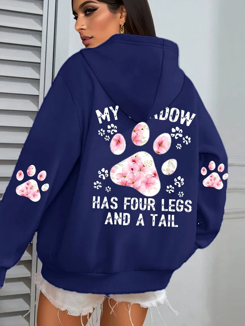 Damen Hoodie mit Kapuze und Blumen Pfotenabdruck Print