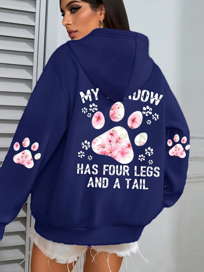 Damen Hoodie mit Kapuze und Blumen Pfotenabdruck Print