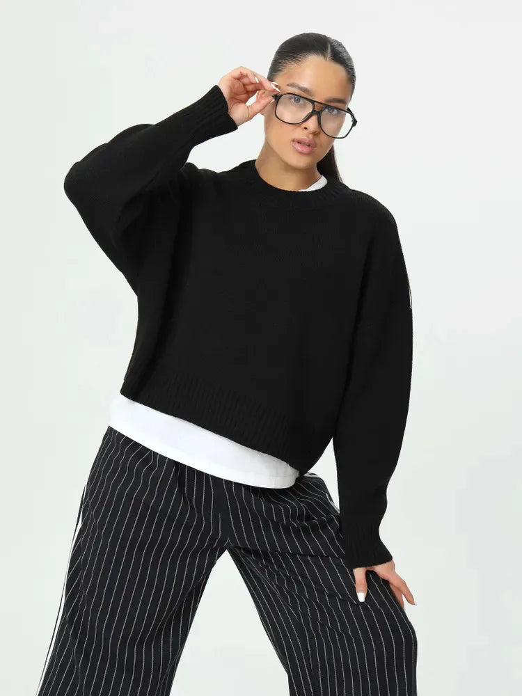 Damen Oversized Pullover Strickpullover Rundhals Langarm Weiß