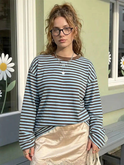 Gestreiftes Langarm Cropped Top Rundhals Damen
