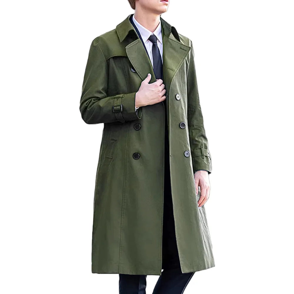 Herren Trenchcoat Zweireiher Langer Mantel mit Reverskragen und Gürteldetails