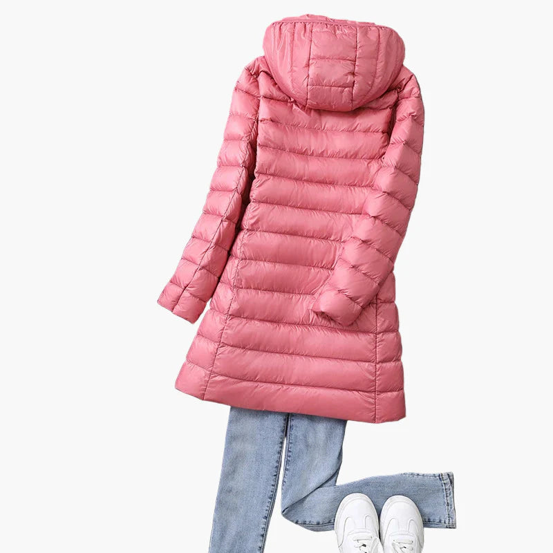 Damen Winter Steppmantel mit Kapuze – Leichter, langer Daunenmantel für Alltag & Outdoor