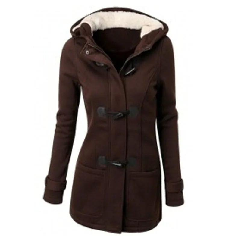Damen Dufflecoat mit Kapuze und Knebelknöpfen - Warmer Wintermantel mit Teddyfutter