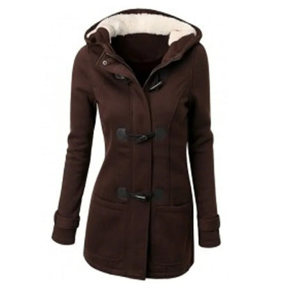 Damen Dufflecoat mit Kapuze und Knebelknöpfen - Warmer Wintermantel mit Teddyfutter