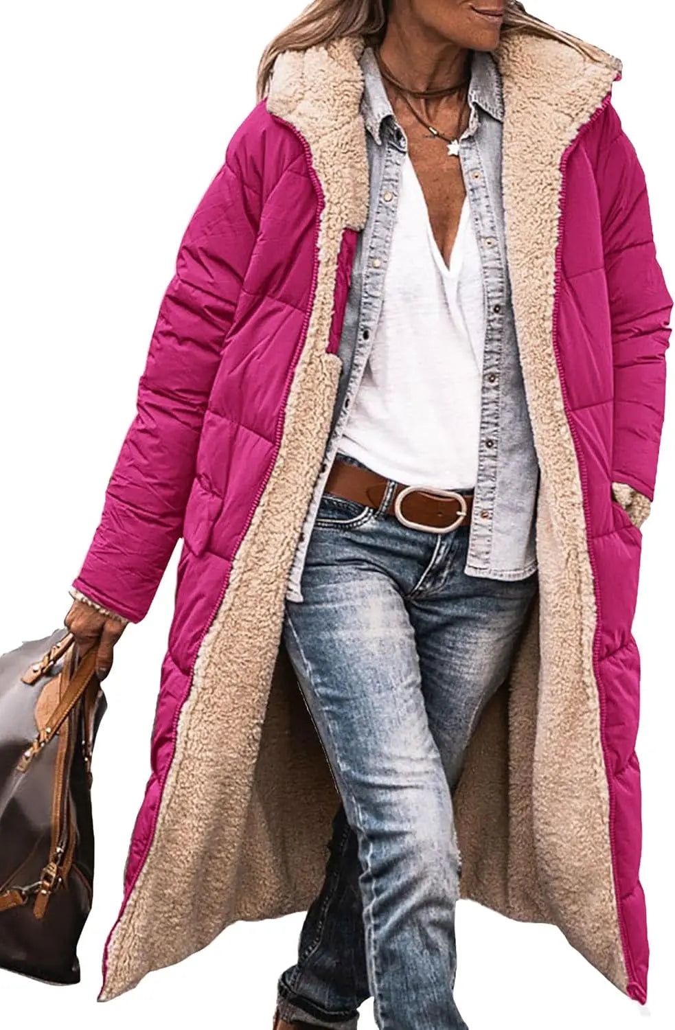 Damen Steppmantel Lang Winter Daunen-Optik mit Teddyfutter Kapuze