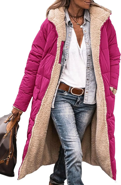 Damen Steppmantel Lang Winter Daunen-Optik mit Teddyfutter Kapuze