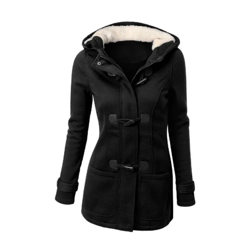 Damen Dufflecoat Jacke mit Kapuze und Knebelverschlüssen, warm gefüttert