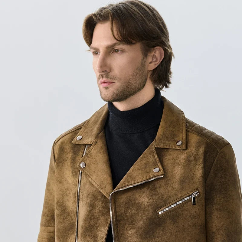 Herren Bikerjacke Wildleder-Optik Asymmetrischer Reißverschluss Braun