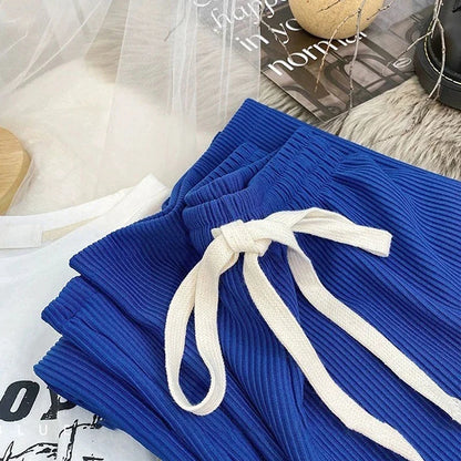 Gerippte Lounge Hose mit Tunnelzug – Weite Bein Freizeithose