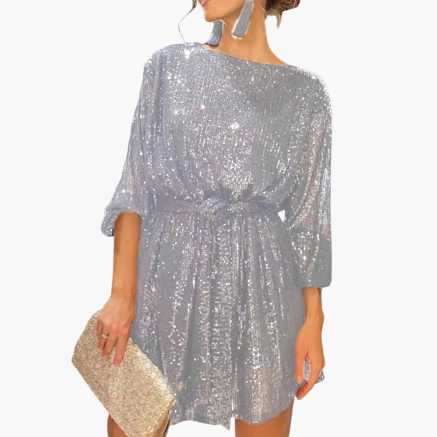 Damen Pailletten Minikleid mit Gürtel – Elegantes Party- und Cocktailkleid
