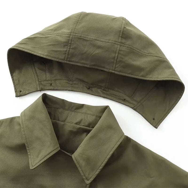 Kurze Jacke mit Kapuze für Damen, lockere Passform, olivgrün