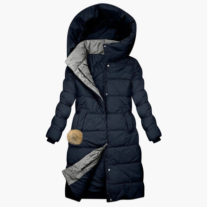 Damen Langer Winter Steppmantel mit Kapuze – Eleganter Kuschel-Parka für Alltag & Freizeit