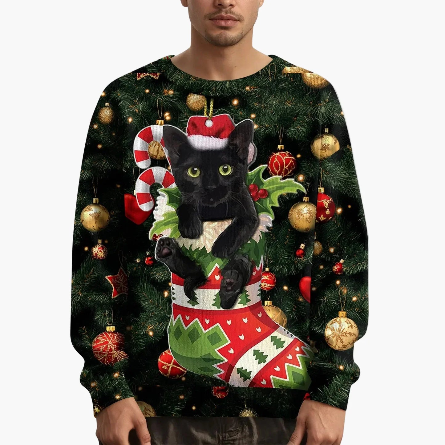Herren Weihnachts-Sweatshirt mit Katzenmotiv – Lustiger Pullover für die Festtage und Winterzeit