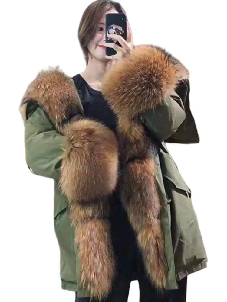 Damen Parka Jacke mit Kapuze und Pelzimitat Futter Olive Grün